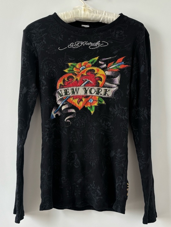 Ed Hardy Tops - Y2K Ed Hardy by Christian Audigier New York Cross Rhinestone Thermal Long Sleeve